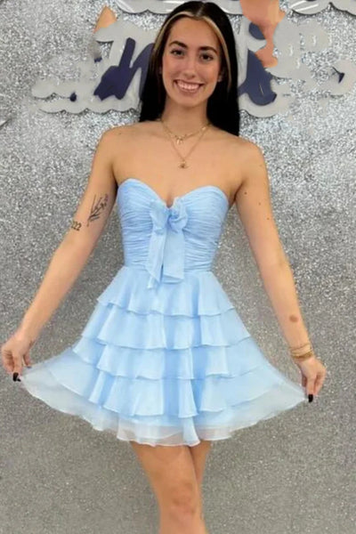 A-Line Ruffles Empire-Waist Strapless Chiffon Short Homecoming Dress, Strapless Chiffon Graduation Homecoming Dresses