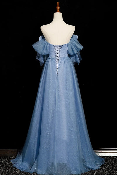 A Line Blue Tulle Long Prom Dresses, Blue Tulle Long Formal Evening Dresses