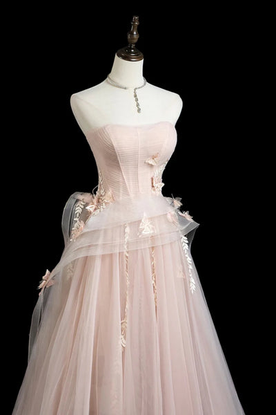 A Line Light Pink Tulle Long Lace Prom Dresses, Light Pink Tulle Lace Formal Graduation Dresses