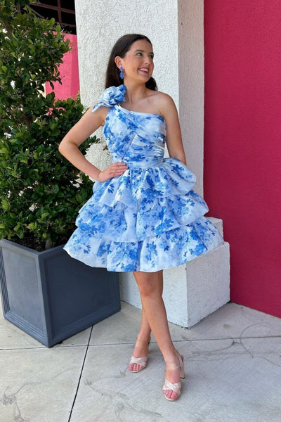 A Line One Shoulder Short Blue Floral Prom Dresses, Blue Short Floral Formal Homecoming Dresses
