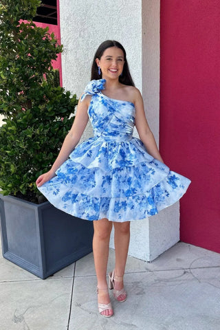 A Line One Shoulder Short Blue Floral Prom Dresses, Blue Short Floral Formal Homecoming Dresses