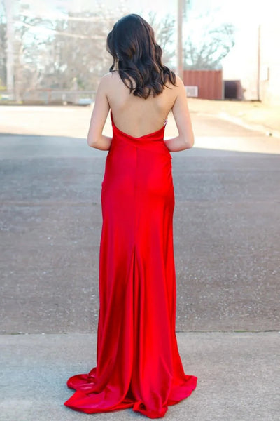 A Line Open Back Red Satin Long Prom Dresses with High Slit, Long Red Formal Graduation Evening Dresses