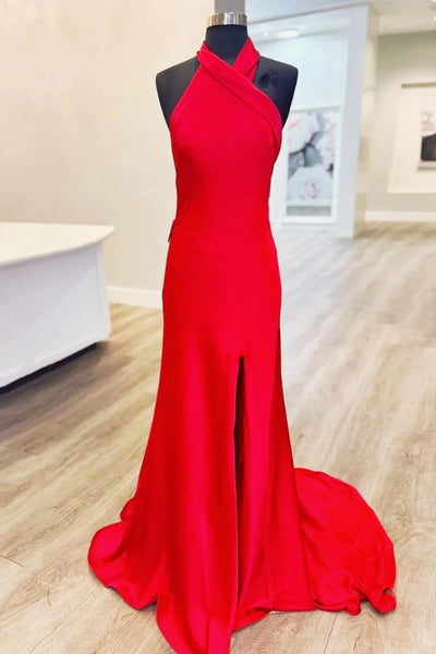 A Line Open Back Red Satin Long Prom Dresses with High Slit, Long Red Formal Graduation Evening Dresses