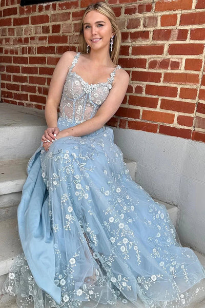 A Line Pink/Blue Lace Floral Long Prom Dresses, Pink/Blue Lace Formal Graduation Evening Dresses