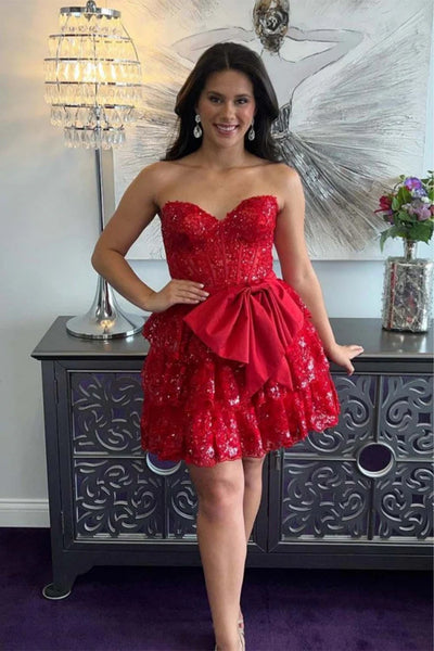 A Line Short Red Black Pink Lace Prom Dresses, Short Red Black Pink Lace Graduation Homecoming Dresses