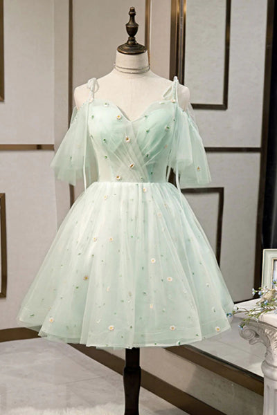 A Line Sweetheart Neck Short Light Green Floral Prom Dresses, Short Green Formal Homecoming Dresses