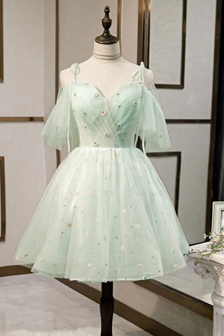 A Line Sweetheart Neck Short Light Green Floral Prom Dresses, Short Green Formal Homecoming Dresses