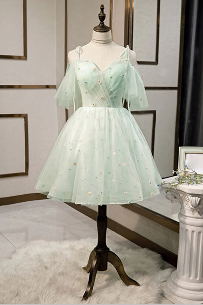 A Line Sweetheart Neck Short Light Green Floral Prom Dresses, Short Green Formal Homecoming Dresses