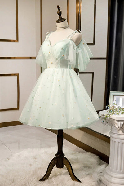 A Line Sweetheart Neck Short Light Green Floral Prom Dresses, Short Green Formal Homecoming Dresses