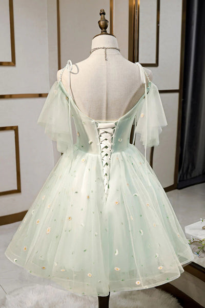 A Line Sweetheart Neck Short Light Green Floral Prom Dresses, Short Green Formal Homecoming Dresses