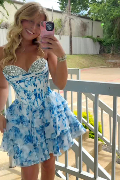 A Line Sweetheart Neck Short Pink Blue Floral Prom Dresses, Short Pink Blue Formal Homecoming Dresses
