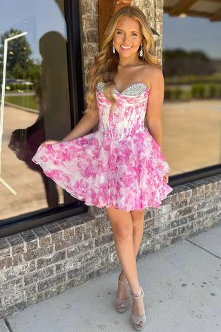 A Line Sweetheart Neck Short Pink Blue Floral Prom Dresses, Short Pink Blue Formal Homecoming Dresses