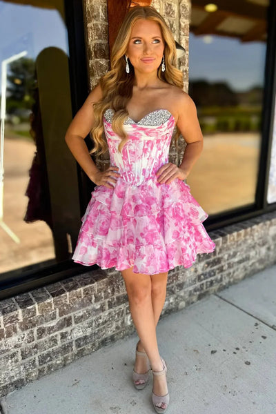 A Line Sweetheart Neck Short Pink Blue Floral Prom Dresses, Short Pink Blue Formal Homecoming Dresses