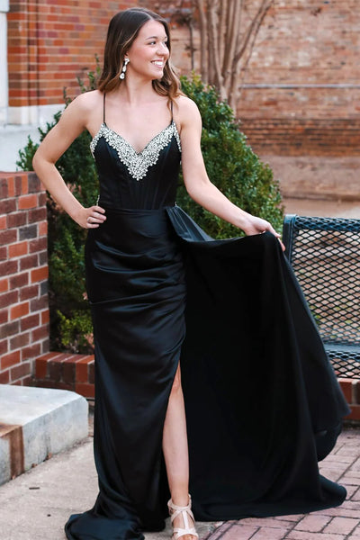 A Line V Neck Backless Beaded Black Long Prom Dresses with High Slit, Backless Black Formal Graduation Evening Dresses