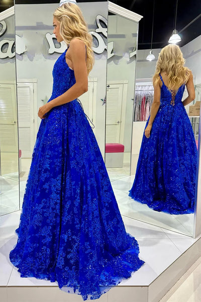 A Line V Neck Blue Lace Long Prom Dresses, Blue Lace Formal Dresses, Blue Evening Dresses