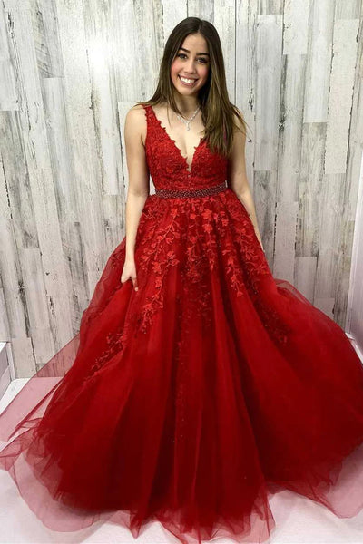 A Line V Neck Burgundy Champagne Lace Prom Dresses, Long Lace V Neck Formal Evening Dresses