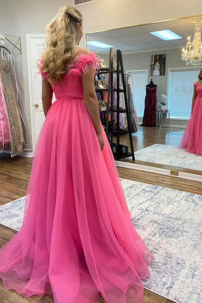 A Line V Neck Floral Pink Tulle Long Prom Dresses, V Neck Pink Formal Dresses, Pink Evening Dresses