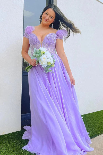 A Line V Neck Lilac Lace Long Prom Dresses with Feather, Lilac Lace Formal Graduation Evening Dresses