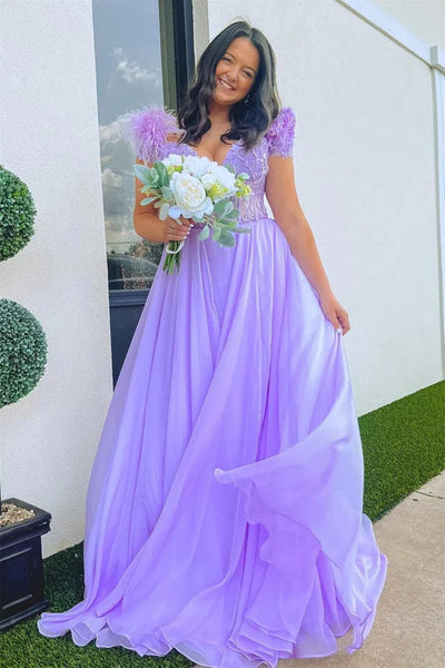 A Line V Neck Lilac Lace Long Prom Dresses with Feather, Lilac Lace Formal Graduation Evening Dresses