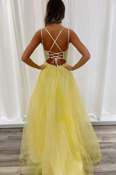 A Line V Neck Open Back Yellow Lace Long Prom Dresses, Yellow Lace Formal Dresses, Long Yellow Evening Dresses