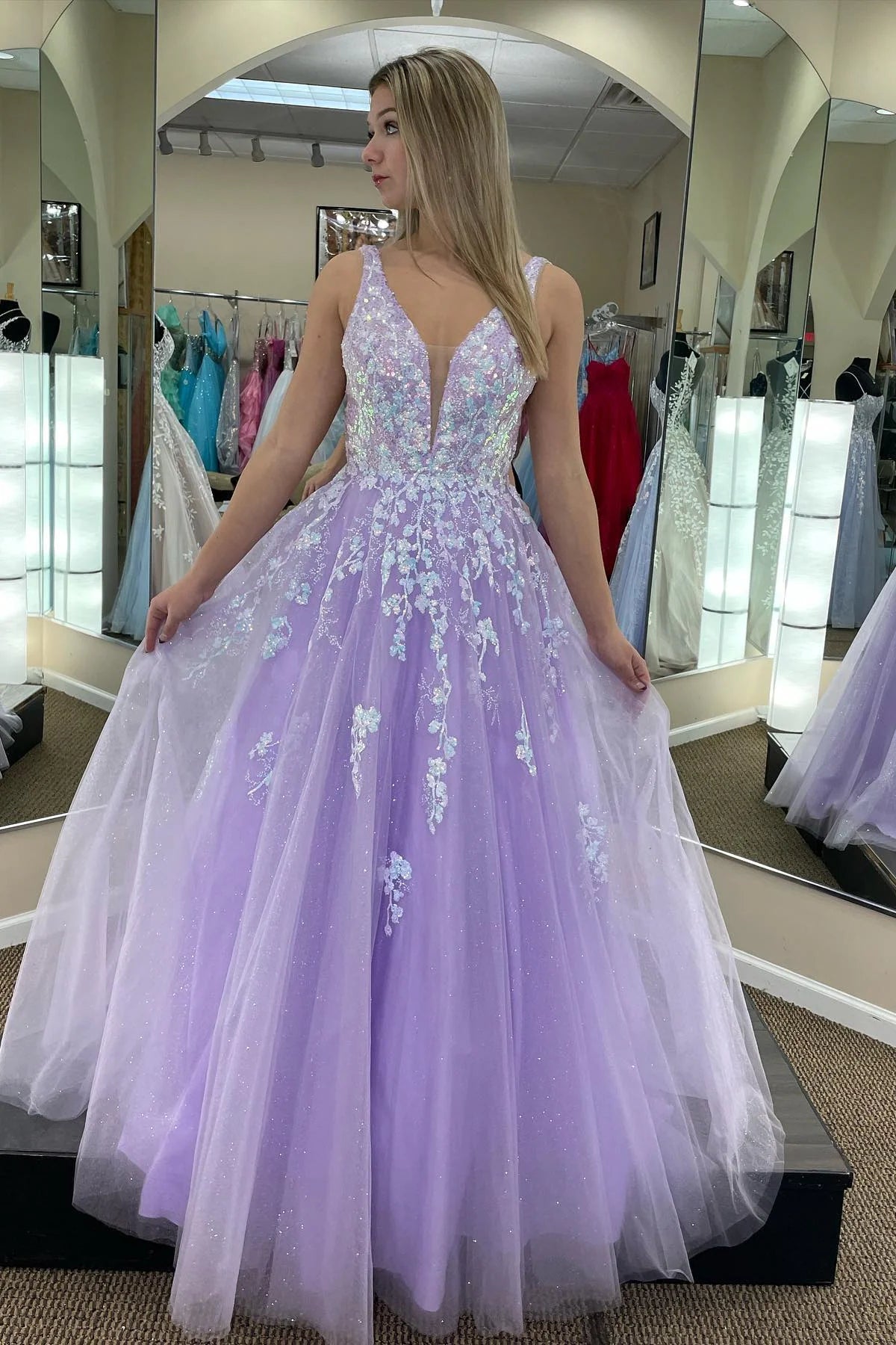 A Line V Neck Purple Lace Long Prom Dresses, A Line V Neck Purple Lace Long Formal Evening Dresses