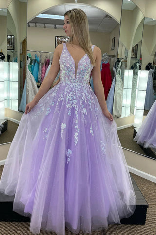 A Line V Neck Purple Lace Long Prom Dresses, A Line V Neck Purple Lace Long Formal Evening Dresses