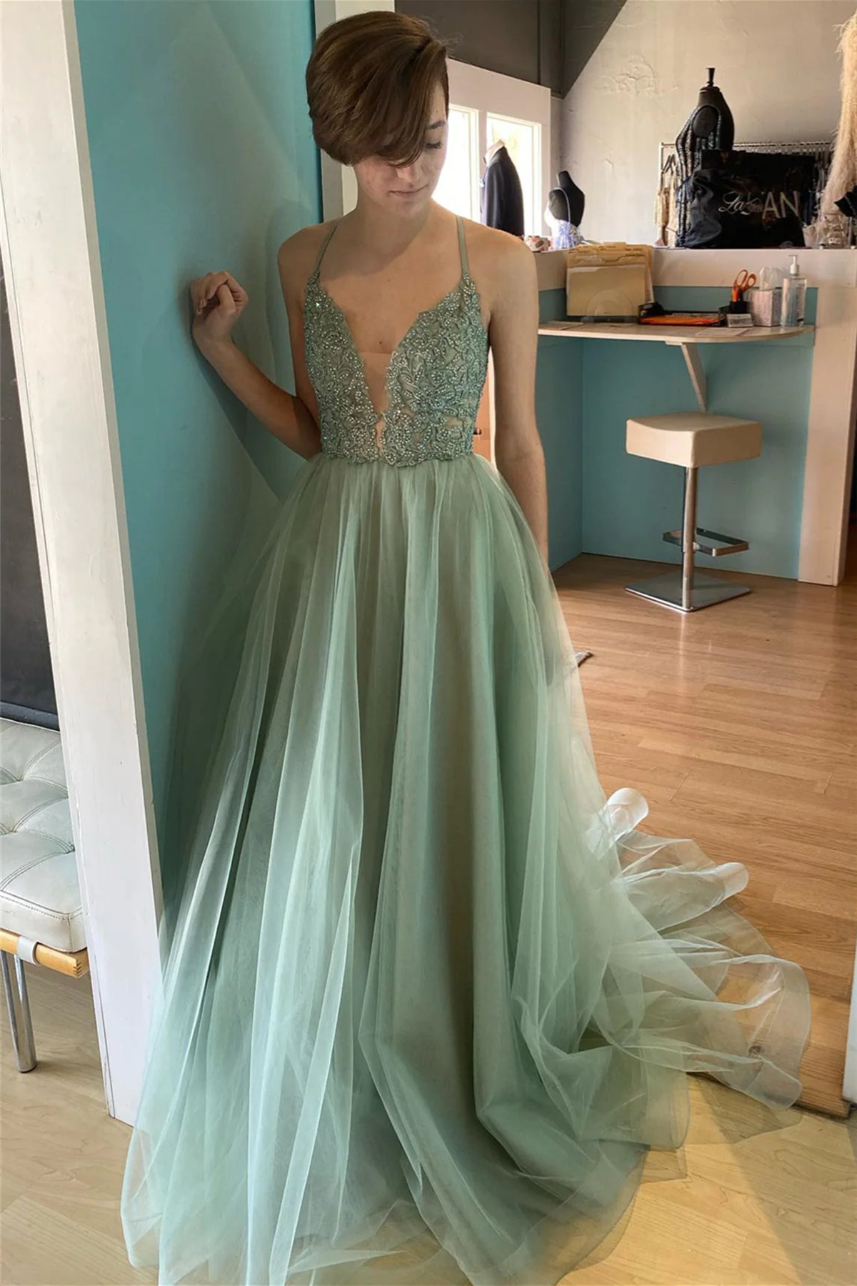 A Line V Neck Sage Green Lace Prom Dresses, Green Lace Formal Gradution Dresses
