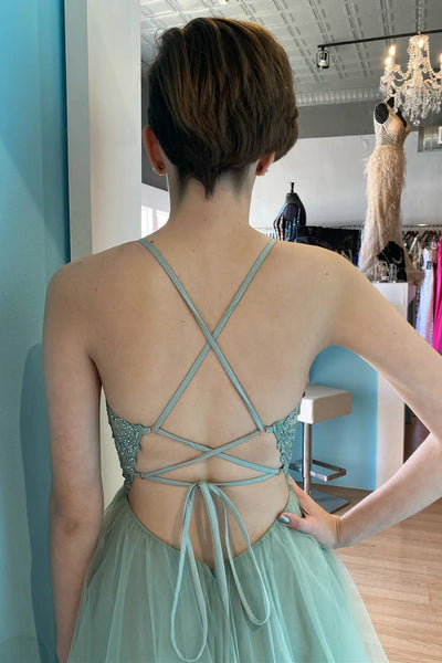 A Line V Neck Sage Green Lace Prom Dresses, Green Lace Formal Gradution Dresses