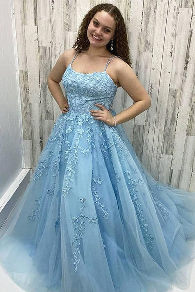 Backless Blue Lace Prom Dresses, Open Back Blue Lace Formal Evening Dresses