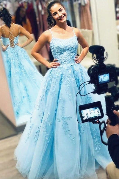 Backless Blue Lace Prom Dresses, Open Back Blue Lace Formal Evening Dresses