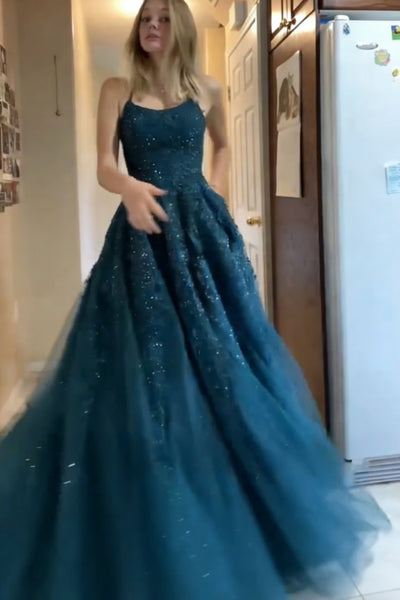Backless Peacock Blue Lace Long Prom Dresses, Peacock Blue Long Lace Formal Evening Dresses
