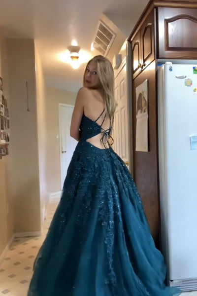 Backless Peacock Blue Lace Long Prom Dresses, Peacock Blue Long Lace Formal Evening Dresses