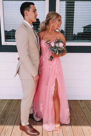 Backless Pink Lace Prom Dresses, Open Back Pink Lace Formal Evening Dresses