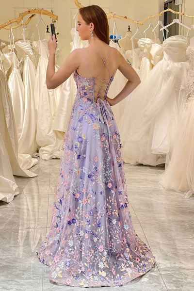 Backless Purple Floral Long Prom Dresses, Open Back Purple Floral Long Formal Evening Dresses