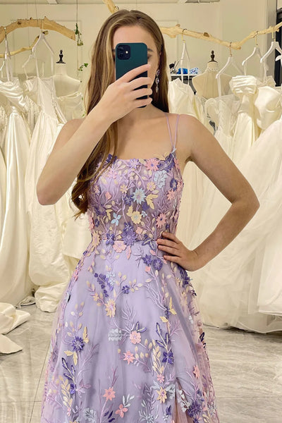 Backless Purple Floral Long Prom Dresses, Open Back Purple Floral Long Formal Evening Dresses