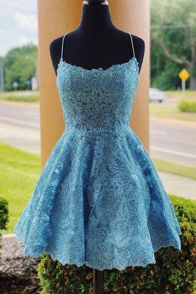 Backless Short Blue Lace Prom Dresses, Short Open Back Blue Lace Formal Homecoming Dresses EP2095