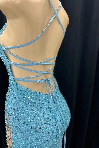Backless V Neck Blue Mermaid Sequins Long Prom Dresses, Open Back Blue Sequins Mermaid Long Formal Evening Dresses