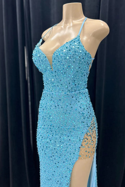 Backless V Neck Blue Mermaid Sequins Long Prom Dresses, Open Back Blue Sequins Mermaid Long Formal Evening Dresses