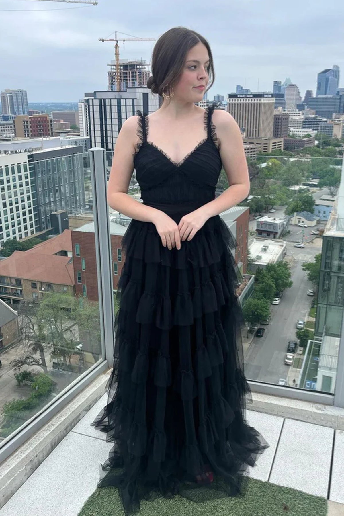Black V Neck Tulle Long Prom Dresses, Black V Neck Tulle Long Formal Evening Dresses