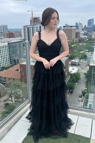 Black V Neck Tulle Long Prom Dresses, Black V Neck Tulle Long Formal Evening Dresses