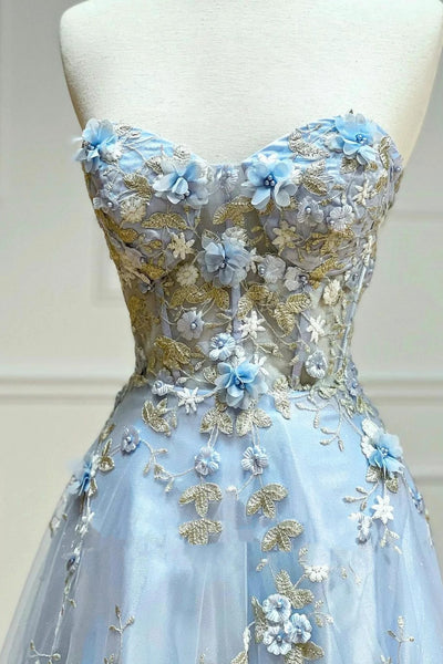 Blue Floral Long Prom Dresses, Blue Floral Long Formal Evening Dresses
