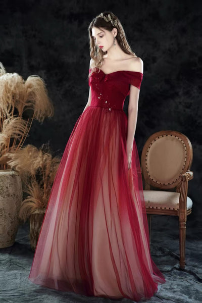 Burgundy Off the Shoulder Prom Dress, Wine Red Tulle Long Formal Evening Gown