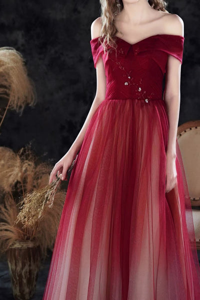 Burgundy Off the Shoulder Prom Dress, Wine Red Tulle Long Formal Evening Gown