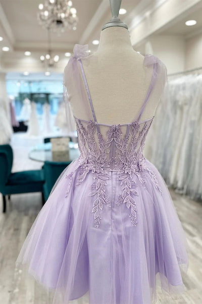 Cute Sweetheart Neck Lilac Lace Prom Dresses, Lilac Lace Homecoming Dresses, Short Purple Formal Evening Dresses