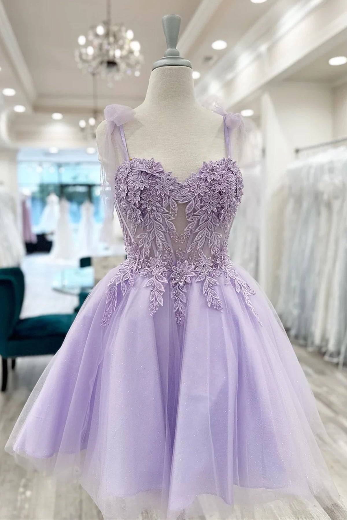 Cute Sweetheart Neck Lilac Lace Prom Dresses, Lilac Lace Homecoming Dresses, Short Purple Formal Evening Dresses