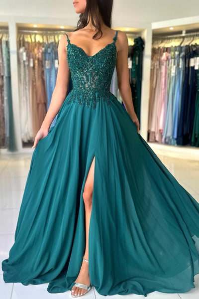 Dark Green V Neck Lace Prom Dresses, Dark Green V Neck Lace Formal Evening Dresses