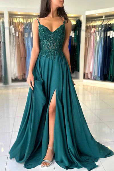 Dark Green V Neck Lace Prom Dresses, Dark Green V Neck Lace Formal Evening Dresses