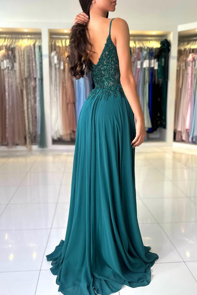 Dark Green V Neck Lace Prom Dresses, Dark Green V Neck Lace Formal Evening Dresses