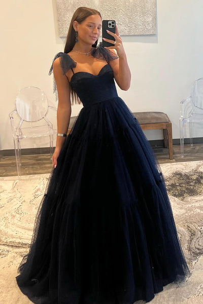 Dark Navy Blue Tulle Long Prom Dresses, Dark Navy Blue Long Tulle Formal Evening Dresses