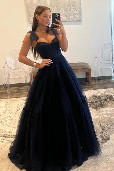 Dark Navy Blue Tulle Long Prom Dresses, Dark Navy Blue Long Tulle Formal Evening Dresses